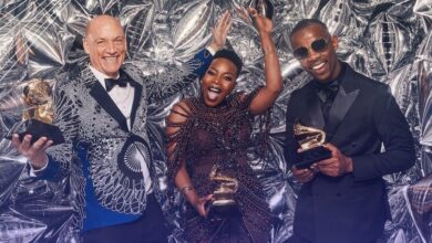 Photo of Zakes Bantwini, Wouter Kellerman & Nomcebo Zikode Fly The SA Flag At The 65th Grammy Awards